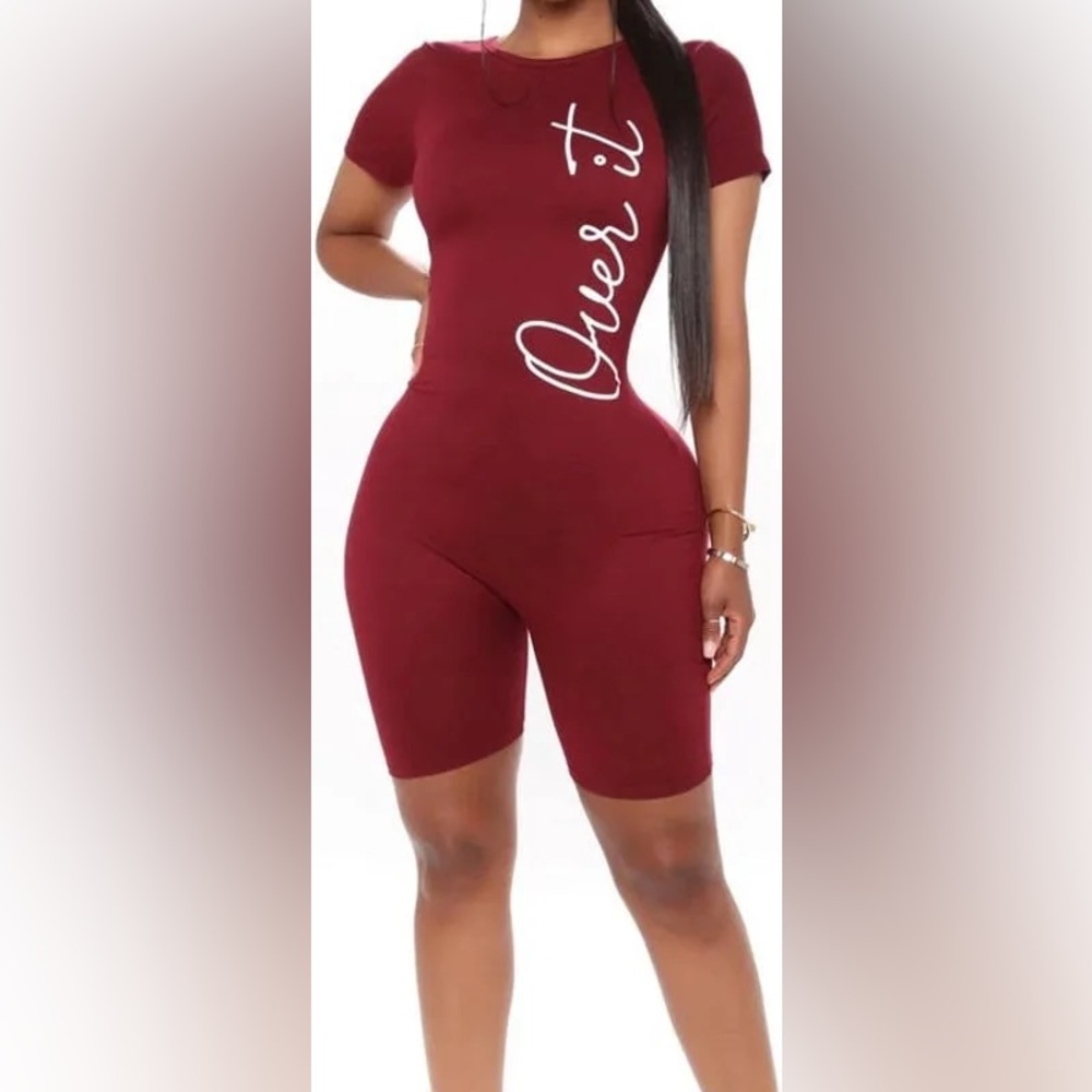 NWT✨ Fashion Nova “Over It” Burgundy Biker Short Romper L